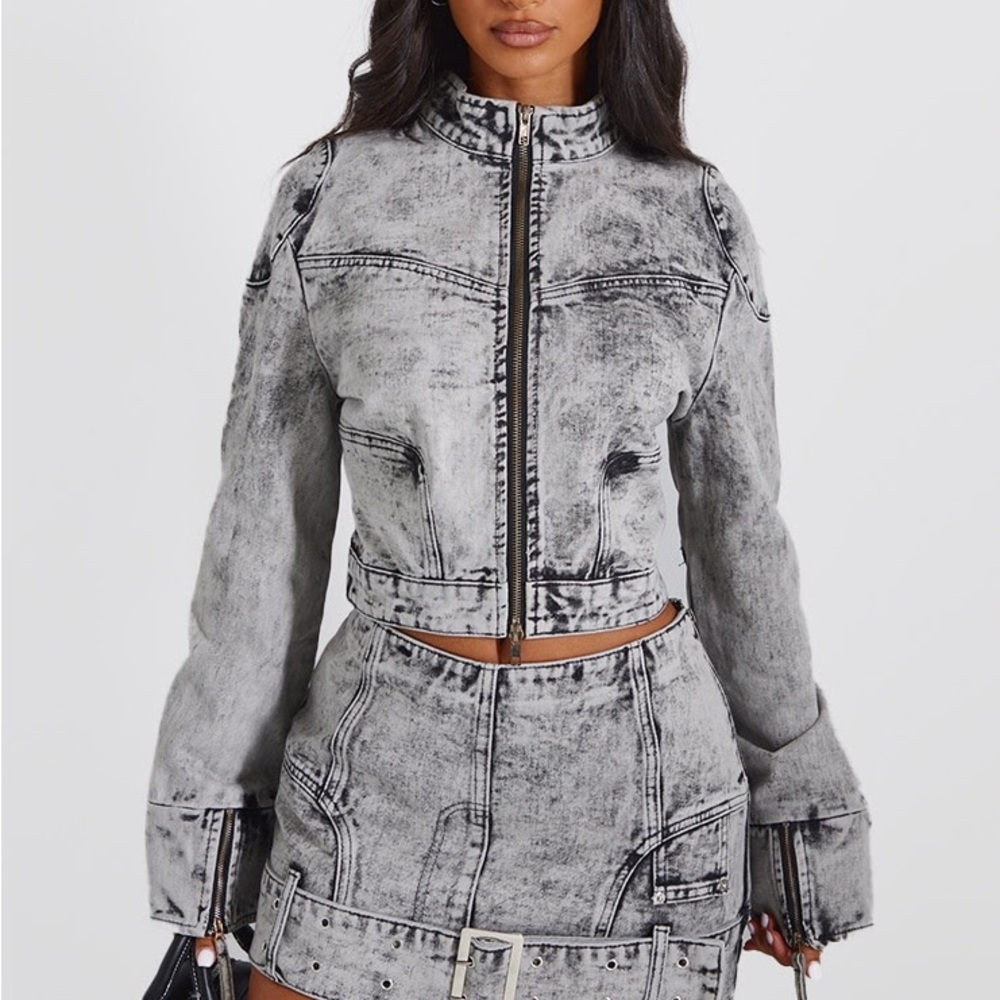 Petite Washed Grey Denim Mini Skirt With Belt Detail